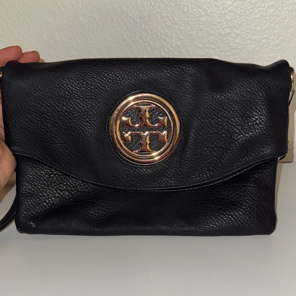 Tory Burch Black Leather Clutch with Gold Logo